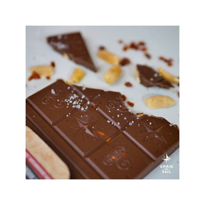 TABLETTE CHOCOLAT AU LAIT CACAHUÈTES, CARAMEL ET FLEUR DE SEL BIO - DESCLICS PAYSAN, LE GOÛT DU BIO SOLIDAIRE PRÈS DE CHEZ VOUS